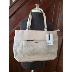 Nine West Irving Buff Tote Bag With Embossed Logo Pattern & Front Zip Pocket NWT